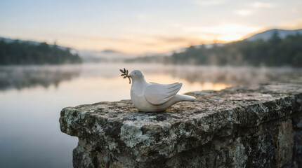 Fototapeta premium Ceramic Dove Figurine Holding Olive Branch On Stone Wall At Sunrise