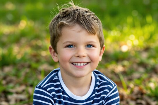 Happy young boy with blue eyes smiles broadly outdoors. He wears a striped shirt with grass blurred background. Childhood joy reflected in his cheerful face.