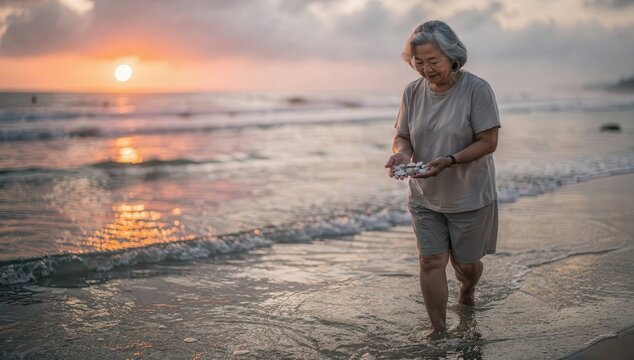 A woman strolls along the beach at sunset, happily collecting colorful shells from the gentle, shallow waters as the day comes to a close