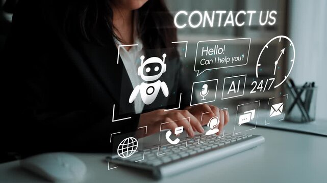 Business professional using digital chatbot interface on computer for customer service and support communication in modern office setting. Entropy.