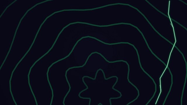 Abstract dark blue topographic map with concentric green contour lines radiating from central floral element and light green highlight
