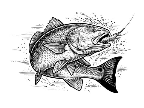 Detailed Black and White Illustration of a Red Drum Fish Catching a Lure.
