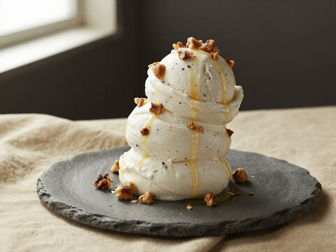 Architectural tower of stracciatella gelato with roasted hazelnut pieces and golden syrup on slate