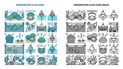 Underwater Clam Farm Illustrations - Color and B&W © Anggrek