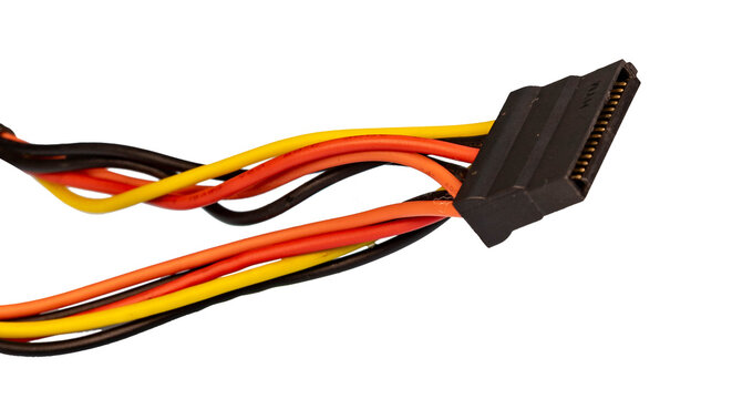 15-Pin SATA Power Connector Cable Isolated on Blue Background, Internal Computer PSU Power Supply Wiring Close-Up