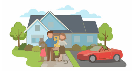 Naklejka premium Happy Family Home and Convertible Car Flat Cartoon Vector Illustration