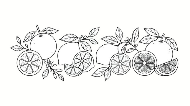 Vintage citrus fruit border illustration, hand drawn lemon and orange line art, botanical sketch of citrus slices and leaves for packaging design