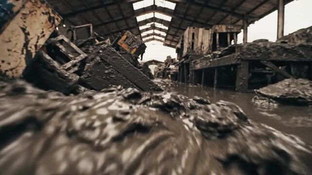 Thick viscous mud slowly engulfing the lower levels and debris within an abandoned industrial building's interior.