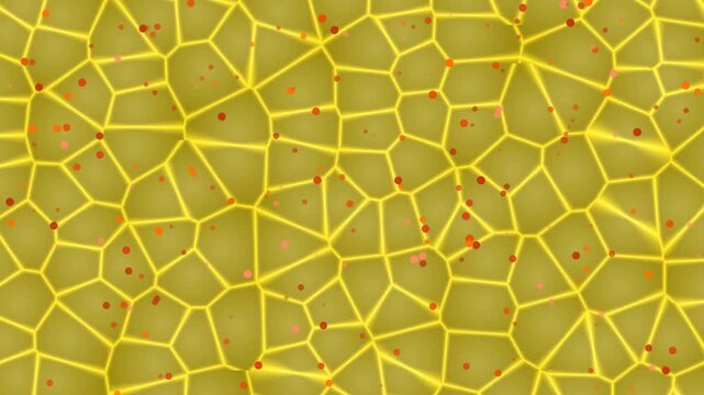 Abstract golden geometric cell structure with vibrant red particles scattered throughout creating a modern cellular network design