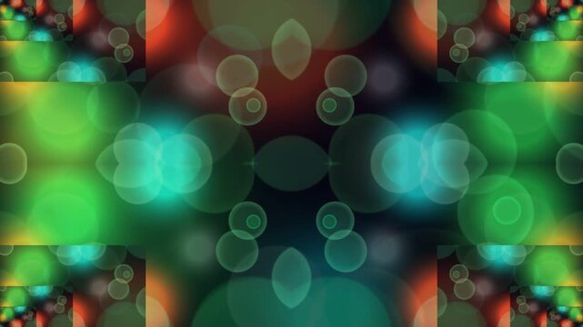 Abstract kaleidoscope of vibrant light orbs and glowing circles on a seamless backdrop creating a symmetrical and colorful bokeh pattern for background use