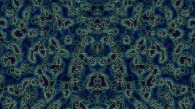 Abstract kaleidoscope background featuring intricate circuit patterns in shades of blue and green creating a digital effect