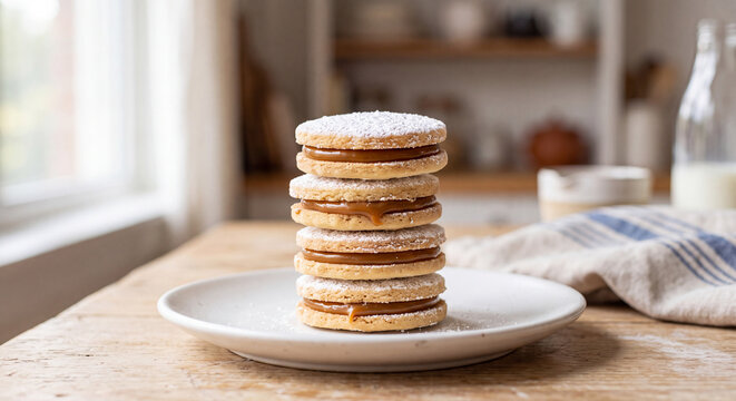 Stack of Traditional Peruvian Alfajores Cookies with Dulce de Leche