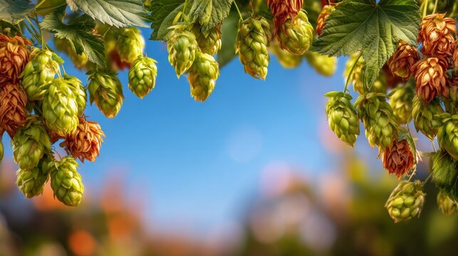 Fresh green and ripe hop cones hanging from vine against clear blue sky