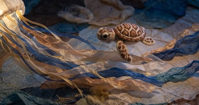 Baby turtle swimming near jellyfish in ocean underwater scene, soft blue light on sandy seabed and rocks, flowing tentacles and shell, peaceful marine life sea animal wildlife nature interaction
