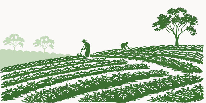 Small silhouettes of tea plantation workers in the distance, green tea bushes field