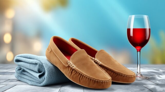 Casual brown leather loafer shoes with folded blue sweater and red wine