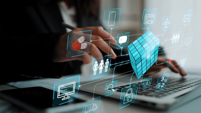 Business Professional Engaging with Digital Technology Illustrating Data Management, Connectivity, and Healthcare Conceptual Visuals for Stock Imagery. Entropy.