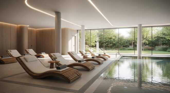 Modern spa interior with lounge chairs next to a pool and panoramic window