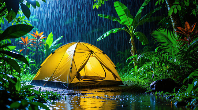 Yellow camping tent set up in lush green forest during heavy rain at night. Tropical plants surround the shelter, water reflects tent glow. Peaceful jungle ambiance.