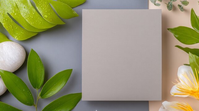 Natural spa setting with green leaves white stone and blank card background