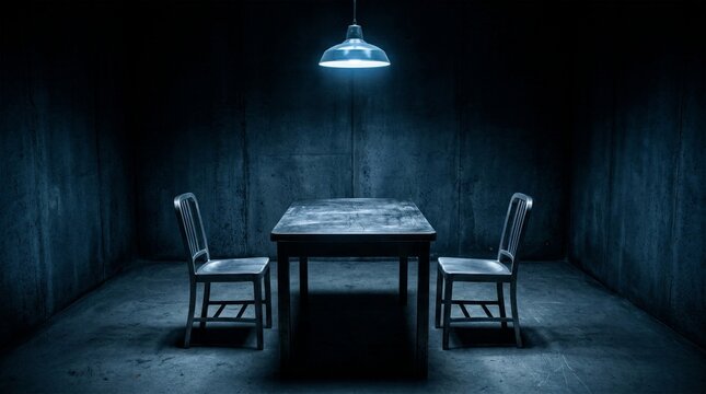 Dark interrogation room with empty metal table and chairs under single light.