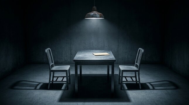 Dim underground interrogation room with confidential file on table.