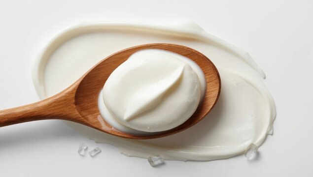 Top view of a wooden spoon with white cream collection on a white background.