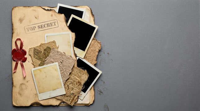 Top secret burnt file folder mockup with blank instant frames wax seal and textured paper on grey
