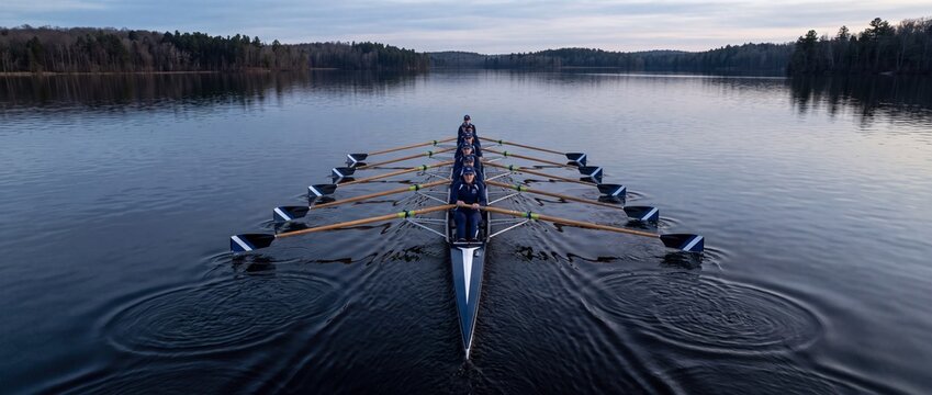 Rowing team in a scull boat on a tranquil lake, demonstrating teamwork and synchronized effort