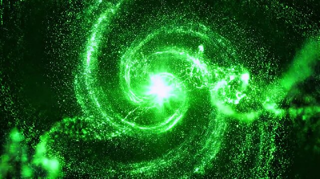 Abstract glowing green spiral galaxy with cosmic stardust and luminous energy vortex on black background