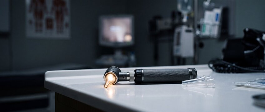 Medical otoscope with glowing light placed on white examination table in dim doctor office with clinical posters in background