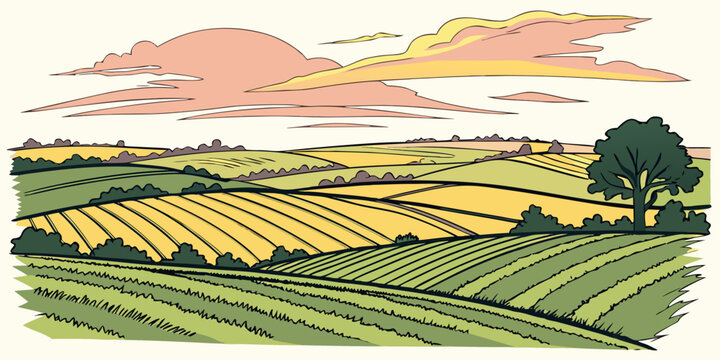 Vibrant sunset over rolling green farmland with solitary tree silhouette rolling hills
