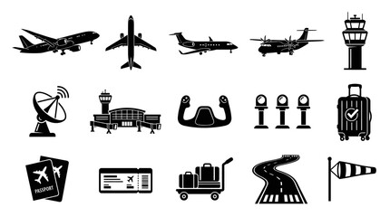 Obraz premium Black and White Airport Icons: Planes, Control Tower, Terminal, Luggage, Tickets, Road