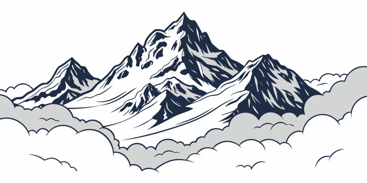 Snow-covered mountain peaks rising above a cloud layer, flat snow mountains clouds