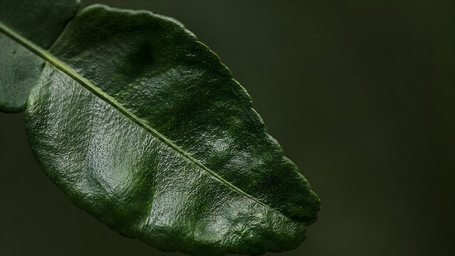 Macro shot of a fresh kaffir lime leaf with glossy texture