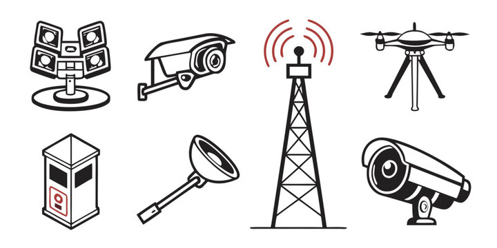 Isometric surveillance set, cctv, security camera, alarm, lock, fingerprint
