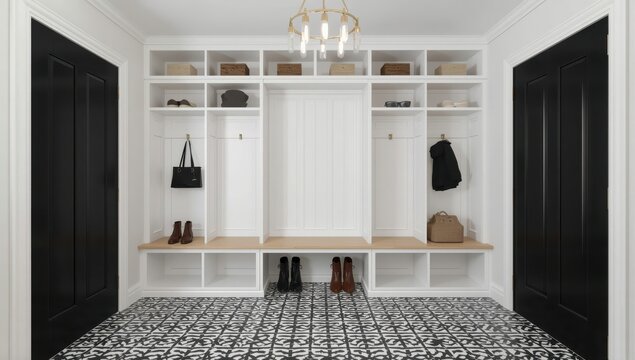 A foyer mudroom featuring white shelves, a light wood bench, black patterned tiles, black doors, and a gold chandelier above.