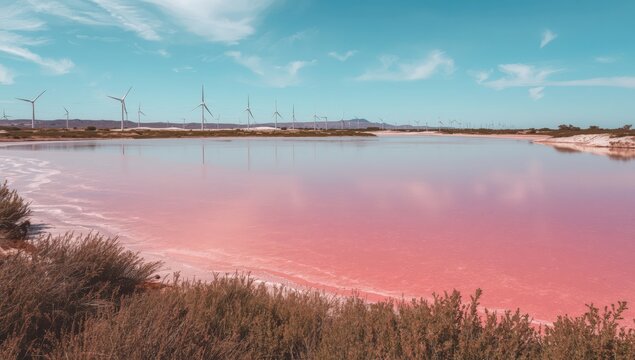 A pink saltwater lake, maybe Lake Lemuria or part of Syvash, featuring distant wind turbines. Unique and eye-catching scenery.