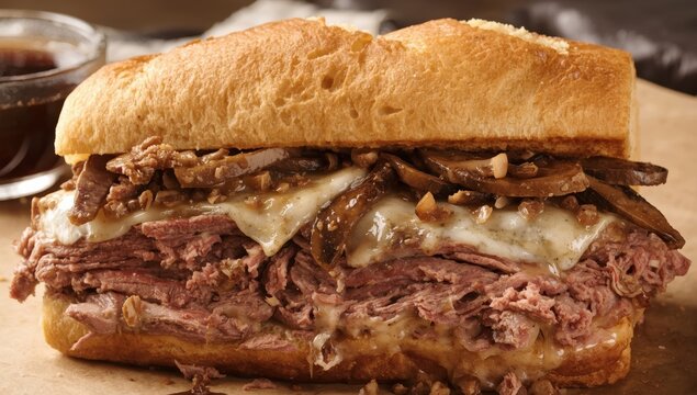 Detail of a roast beef sandwich with mozzarella, mushrooms on French bread, with au jus nearby.