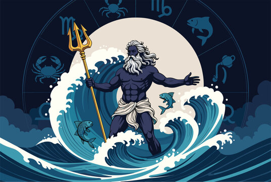 Powerful Greek god Poseidon holding trident and standing on sea waves against a dark background with zodiac signs circle.
