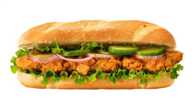 Crispy chicken sub with lettuce, cucumber, and onion on a baguette, isolated on white. Fajita chicken and chicken tikka sandwiches also isolated.