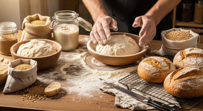 Artisan baking process hands preparing dough bread loaves rustic composition