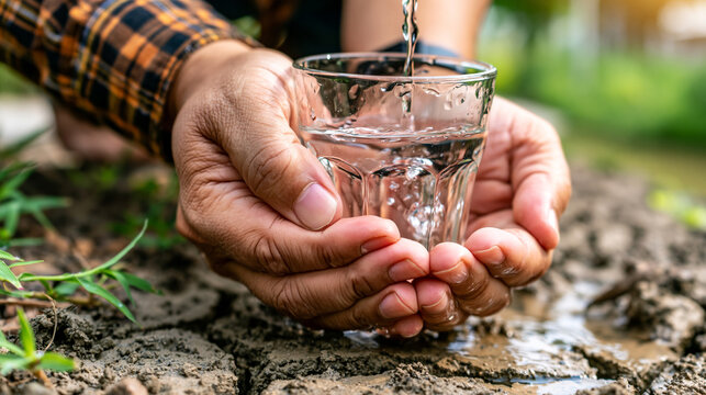 Hands holding a glass of clear water over severely cracked dry ground representing water scarcity