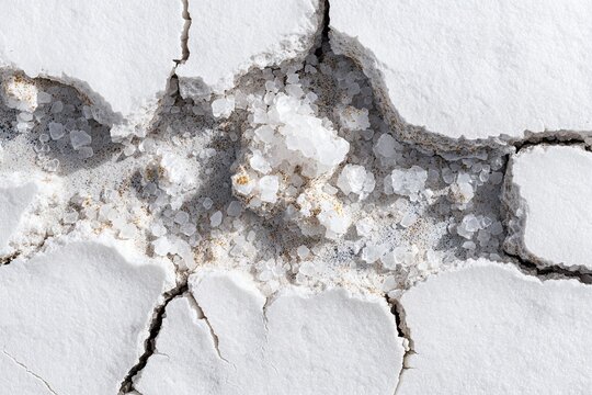 Intricate Macro View of Cracked Dry Earth Patterns with Visible Crystalline Salt Formations