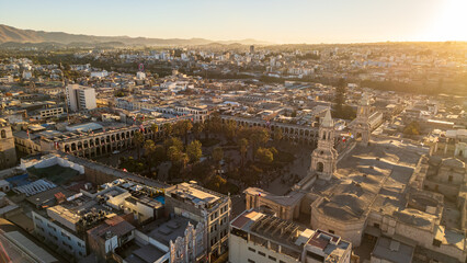 Naklejka premium Aerial sunset view of Plaza de Armas and Basilica Cathedral in the Historic Centre of Arequipa, Peru, UNESCO World Heritage Site