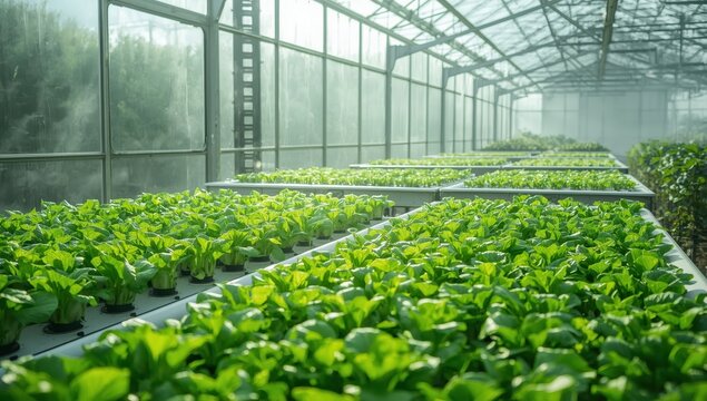 Soil-free hydroponic garden cultivating fresh green cos lettuce in a greenhouse for healthy organic produce.