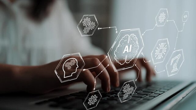 Business professional working on laptop with futuristic AI technology graphics, showcasing innovation and digital transformation in modern workspace. Entropy.