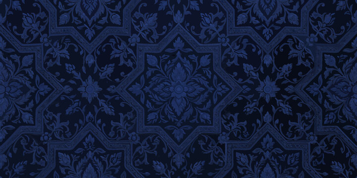 Seamless traditional Thai songket pattern with ornate star medallion and floral vine motifs in deep navy blue, elegant textile design