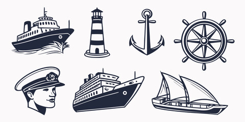 Set of eight distinct ship cargo ship, cruise ship, sailboat, and more oil tanker © Abu