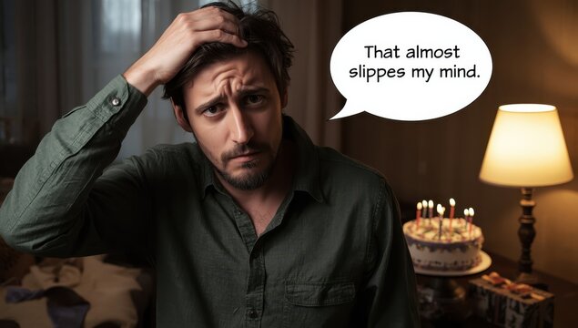 A young man with stubble, frustrated and worried, smacks his forehead, realizing he forgot his anniversary.
